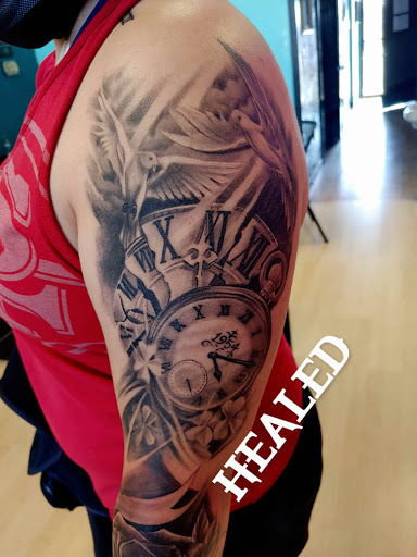Explore half sleeve tattoos womens ideas, creative tattoo ideas in Hereford, available at Slow Pain Tattoo Body Art Studio