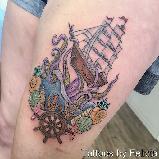 Explore tattoo ideas for your legs, creative tattoo ideas in Fort Myers, available at Tiger Lotus Tattoo and Piercing