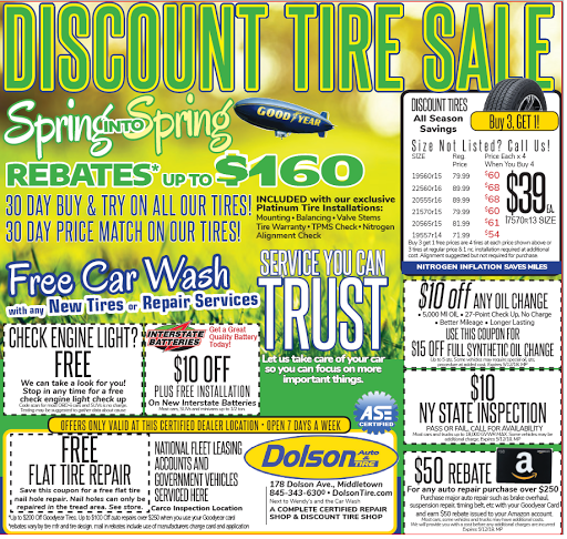Tire Shop «Dolson Tire & Auto Goodyear Michelin Bridgestone», reviews and photos, 178 Dolson Ave, Middletown, NY 10940, USA