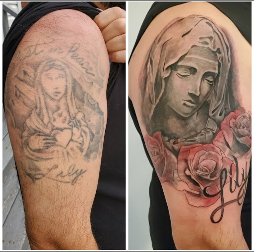 Explore sunflower shoulder tattoo ideas, creative tattoo ideas in Windsor Locks, available at Reigning Ink Tattoo Studio