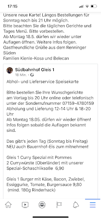 Menu du Südbahnhof Gleis 1 à Renningen