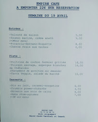 Menu du Empire Café à Vichy