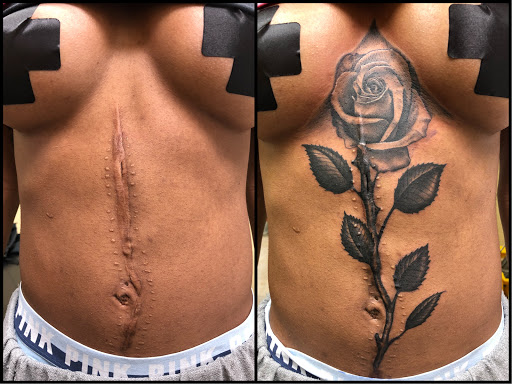 Explore cover up tattoo ideas on chest, creative tattoo ideas in Providence, available at Body Canvas PVD Custom TATTOO Shop