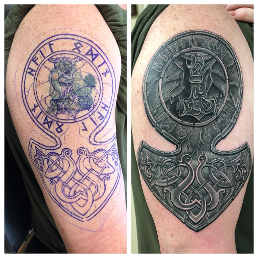 Explore firefighter sleeve tattoo ideas, creative tattoo ideas in Liberty, available at Dark Lotus Tattoo & Salon