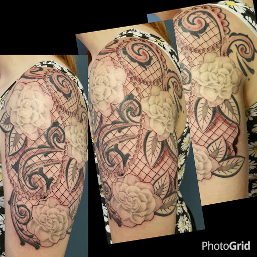 Explore religious elbow tattoo ideas, creative tattoo ideas in Oak Forest, available at Peace Of Art Tattoo And Art Studio