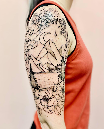 Explore highland cow tattoo ideas, creative tattoo ideas in Batavia, available at The Pretty Pin-Up Tattoo Parlor