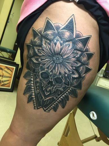 Explore leg sleeve tattoo ideas for men, creative tattoo ideas in Hanceville, available at Dodge City Tattoo Company