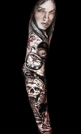 Explore skull tattoo sleeve ideas, creative tattoo ideas in Scottsdale, available at Victorum Tattoo shop