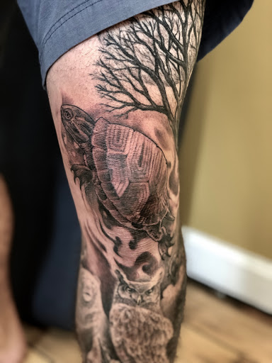 Explore women half sleeve tattoo ideas, creative tattoo ideas in Orange, available at North Quabbin Tattoo