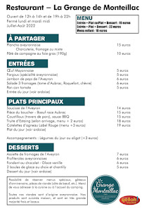 Carte du Restaurant La Grange de Monteillac à Laissac-Sévérac l'Église