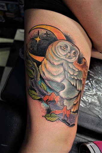 Explore simple owl tattoo ideas, creative tattoo ideas in Arlington, available at The Chosen One Ink