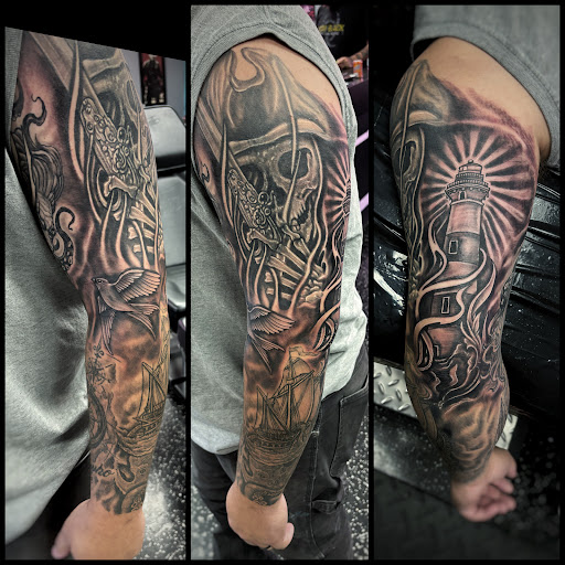 Explore shoulder cover up tattoo ideas, creative tattoo ideas in Fort Myers, available at Loyal 2 The Coil Tattoos & Piercings (Edison Mall Location Entrance F)