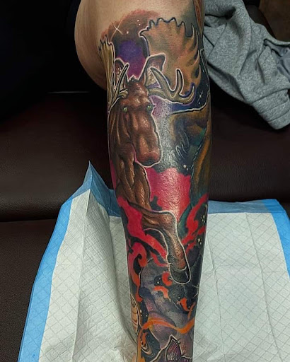 Explore legs tattoo ideas, creative tattoo ideas in Dubuque, available at Grim River Tattoo
