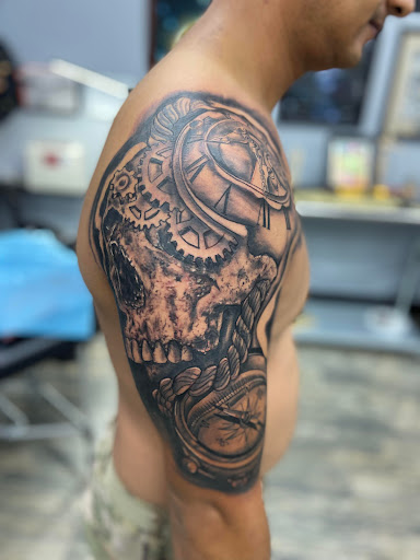 Explore aztec sleeve tattoo ideas for men, creative tattoo ideas in El Paso, available at American Tattoo Society of Ft Bliss
