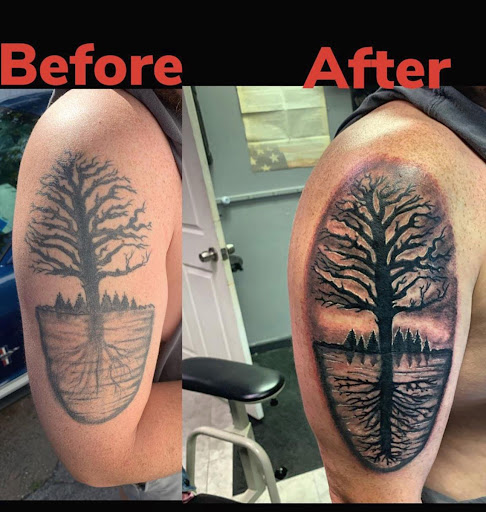 Explore knee tattoo ideas for men, creative tattoo ideas in Hudson Falls, available at ALTERED ADDICTION TATTOOS