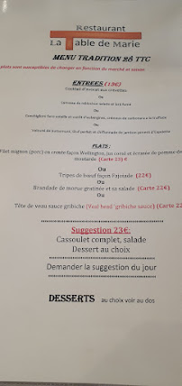 Restaurant La Table de Marie à Carcassonne (le menu)
