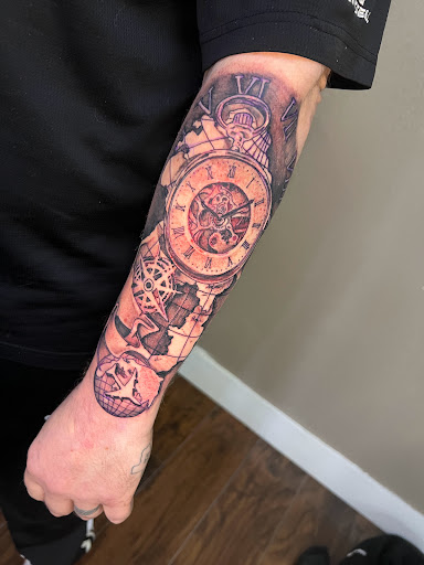 Explore religious tattoo sleeve ideas, creative tattoo ideas in Roanoke, available at Saint Cecilias Art Studio