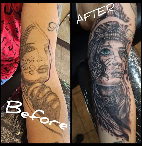 Explore inner forearm tattoo cover up ideas, creative tattoo ideas in Onalaska, available at Rock Bottom Tattoo Studio