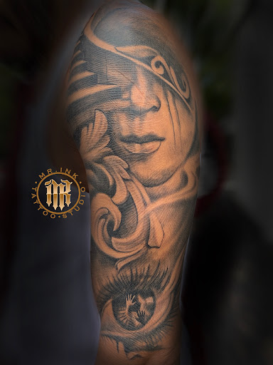 Explore skull sleeve tattoo ideas, creative tattoo ideas in Pine Brook, available at Mr Ink Tattoo Studio