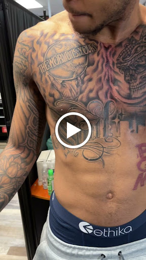 Explore front thigh tattoo ideas, creative tattoo ideas in Baltimore, available at Island City Tattoos