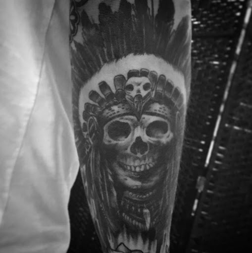 Explore gas mask tattoo ideas, creative tattoo ideas in Lawrence, available at Standard Electric Tattooing