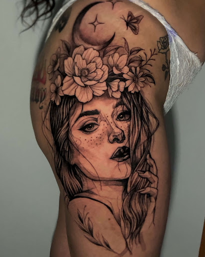 Explore inner thigh tattoo ideas, creative tattoo ideas in Atlanta, available at Iron Palm Tattoos & Body Piercing Atlanta