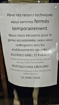 Menu / carte de Buffalo Grill Saint André de Cubzac à Saint-André-de-Cubzac