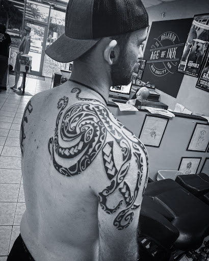 Explore aztec sleeve tattoo ideas for men, creative tattoo ideas in Cocoa, available at Rorschach Tattoo Shop and Piercing Studio