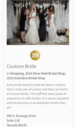 Bridal Shop «Couture Bride | Las Vegas Wedding Dresses», reviews and photos, 950 S Durango Dr #130, Las Vegas, NV 89145, USA