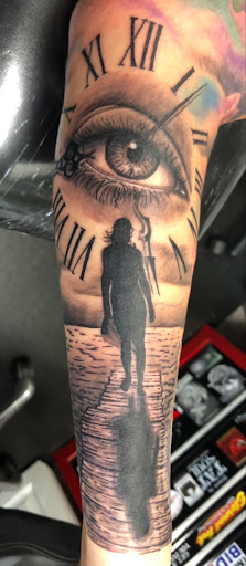 Explore mens arm sleeve tattoo ideas, creative tattoo ideas in Englewood, available at Point of Entry Tattoo