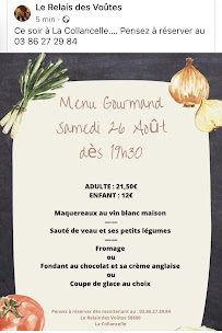 Restaurant français Le Relais des Voûtes à La Collancelle (le menu)