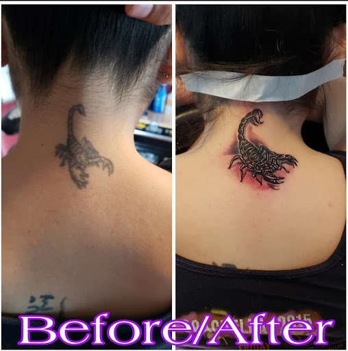 Explore tattoo back cover up ideas, creative tattoo ideas in Coachella, available at Ink Devotion Tattoo & Body Piercings