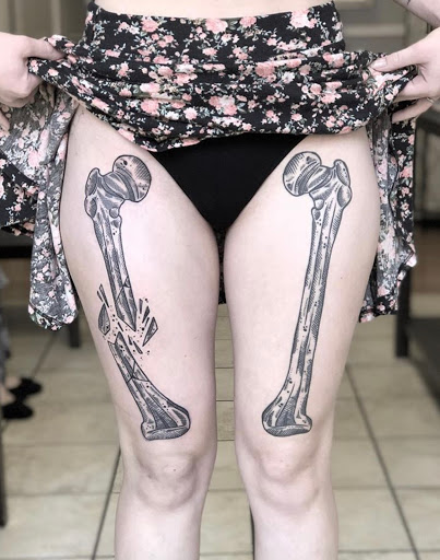 Explore tattoo ideas on the thigh, creative tattoo ideas in Savannah, available at Tramp Art Studios