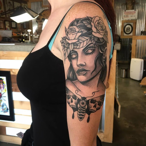 Explore sleeve tattoo filler ideas, creative tattoo ideas in Dunn, available at Heart and Hammer Tattoo Co.