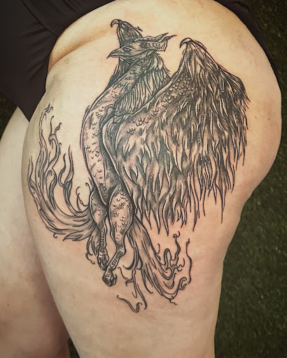 Explore female leg tattoo ideas, creative tattoo ideas in Cocoa, available at Rorschach Tattoo Shop and Piercing Studio