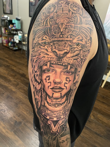 Explore left arm sleeve tattoo ideas, creative tattoo ideas in Roanoke, available at Saint Cecilias Art Studio