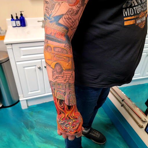 Explore anime tattoo sleeve ideas, creative tattoo ideas in Traverse City, available at Pinups & Needles