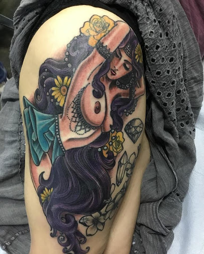 Explore afro samurai tattoo ideas, creative tattoo ideas in Dunn, available at Heart and Hammer Tattoo Co.