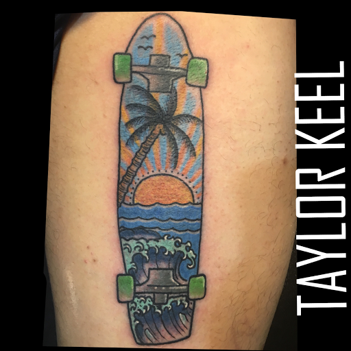 Explore leg tattoo men ideas, creative tattoo ideas in Savannah, available at Tramp Art Studios