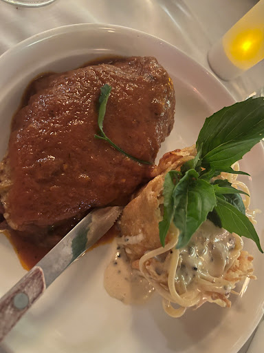 Chicken Parmesan with cacio e pepe! I ate every morsel - even the cheese cup