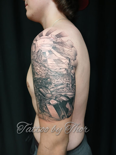 Explore chest and shoulder tattoo ideas, creative tattoo ideas in San Tan Valley, available at Frontier Tattoo Company