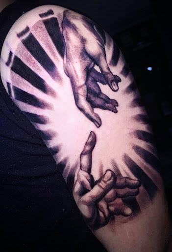 Explore upper back tattoo ideas male, creative tattoo ideas in San Antonio, available at Firme Copias Tattoo Studio