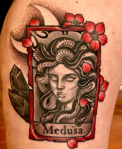 Explore medusa tattoo ideas thigh, creative tattoo ideas in Aledo, available at Elevated Tattoo & Piercing