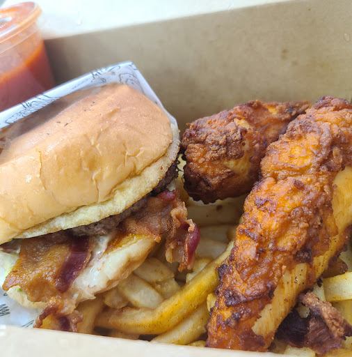 The Lunch Box with bacon added.  Think this is Fan sauce, the honey chipotle was too dumped out to picture but great.