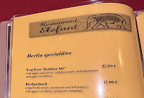 Menu / carte de Elefant à Berlin