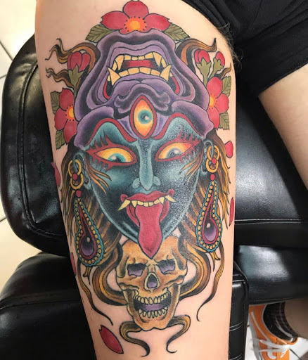 Explore thigh cover up tattoo ideas, creative tattoo ideas in Miami, available at Tattoos by Lou Miami - Kendall