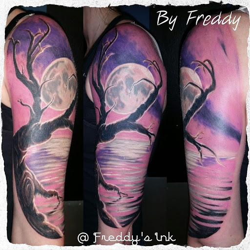 Explore women's quarter sleeve tattoo ideas, creative tattoo ideas in Hurricane, available at Freddys Ink - Tattoo & Piercing Studio