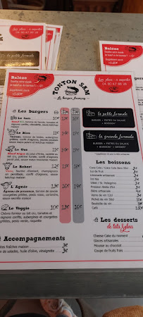 Restaurant de hamburgers Tonton Sam à Arles (le menu)