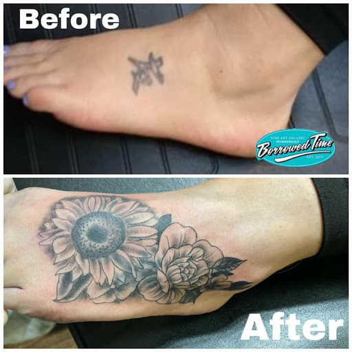 Explore cover up tattoo ideas back, creative tattoo ideas in Mckinney, available at Borrowed Time Fine Art Gallery Tattoo Shop