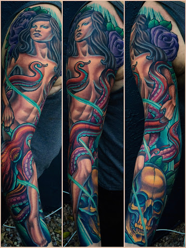 Explore aztec tattoo sleeve ideas, creative tattoo ideas in San Diego, available at Remington Tattoo Parlor